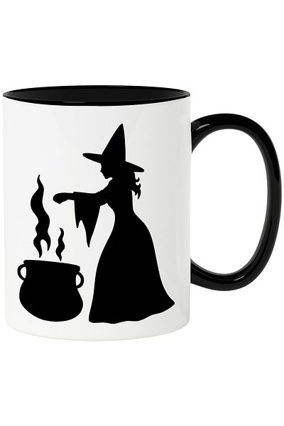 StoryGift Romania Mug with a witch preparing a new potion in a cauldron with a Black Handle, With Handle, STG