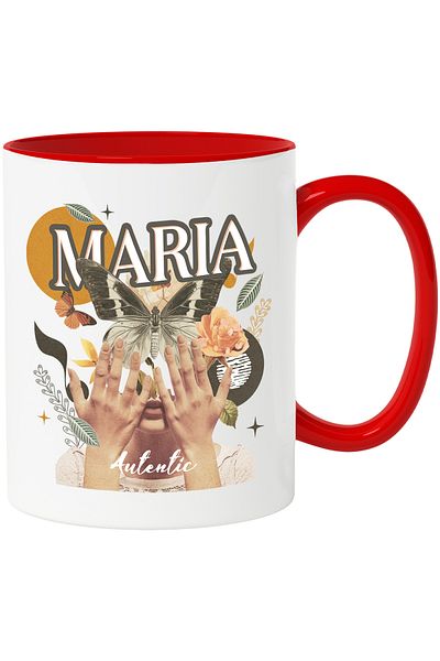 StoryGift Romania Mug With Name Maria, Girl Collage, Butterfly, Flowers, Circle, 330ml, Ceramic with Handle, With,STG