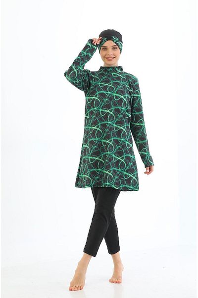 tusem butik homewear Women's Black Green Patterned Full Covered Quick Drying Long Sleeve Tights Bonneted Swimsuit