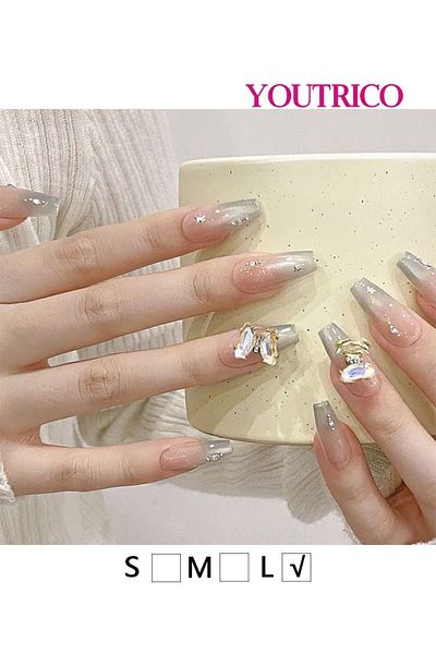 Youtrico 10 Press-on nails,Handmade false nails,Contrast gradient,Dreamy butterfly,L