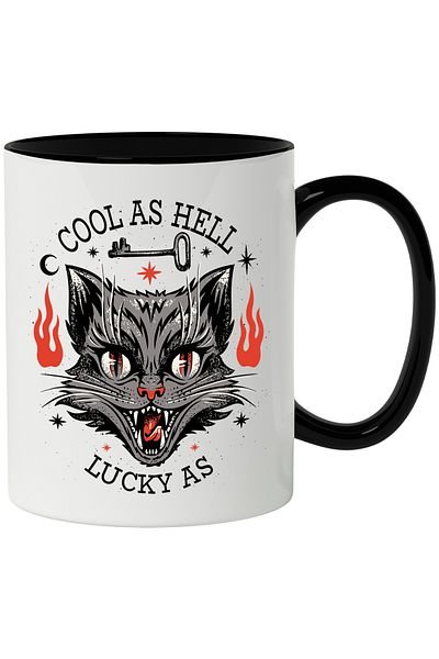 StoryGift Romania Mug With Message In English Cool As Hell Lucky As, Cat, Flames, Key, Multicolor, With ,STG