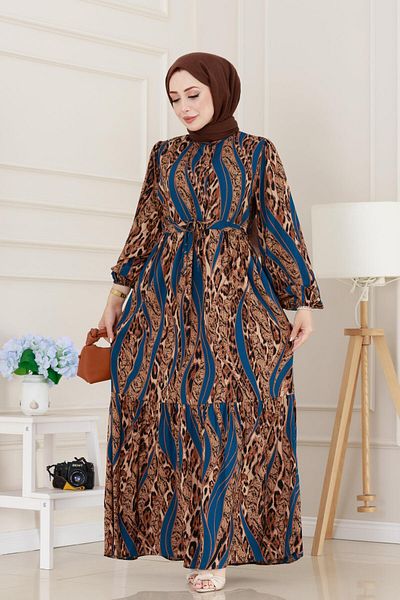 Sevitli Rochie din viscoză cu model leopard cu tunel în talie-albastru