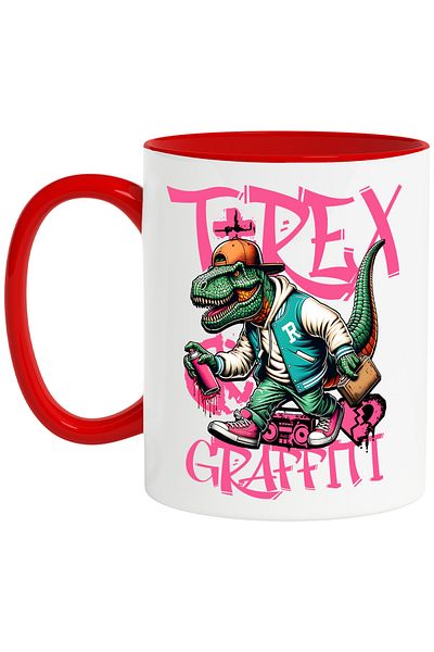 StoryGift Romania T-Rex Urban Hip-Hop Star Y2K Graffiti Mug, 330ml, Ceramic with Red Handle, With R Handle, STG