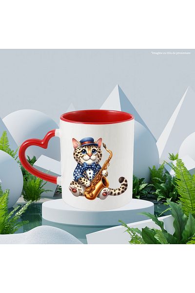 StoryGift Romania Mug with a cheetah cub holding a saxophone | illustration | music | instrument, With