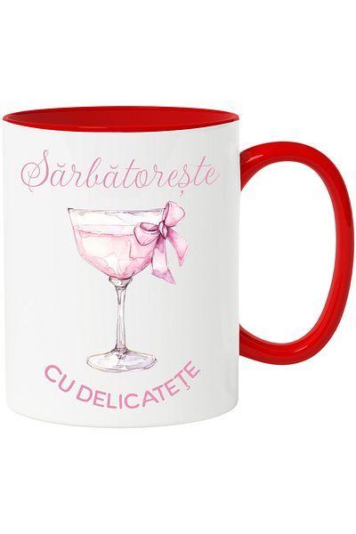 StoryGift Romania Celebrate with delicacy pink champagne glass mug, 330ml, Ceramic with Red Handle, With, STG