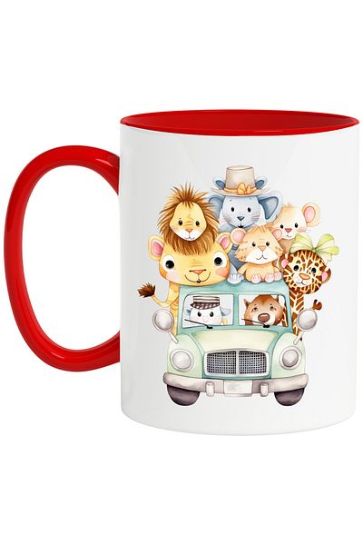 StoryGift Romania Mug with several zoo animals in a car | ride | eva, Cu,STG