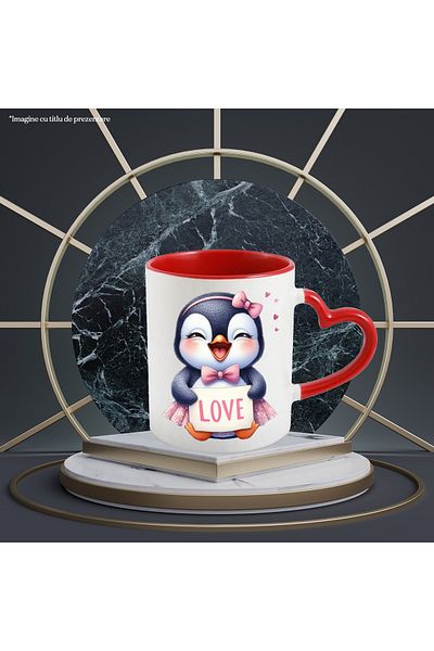 StoryGift Romania Mug with a little penguin, illustration, heart, blushing, laughing, bow, skirt,, With ,STG.