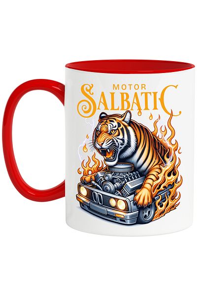 StoryGift Romania Cana Motor Salbatic Tigru Masina In Flacari Viteza, 330ml, Ceramic Cu Maner Rosu, Cu ,stg
