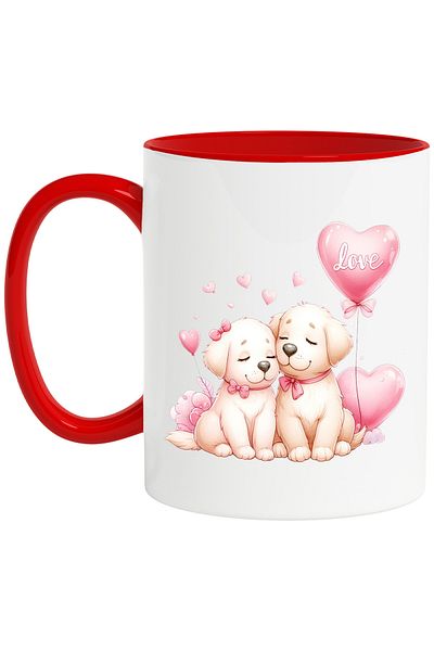 StoryGift Romania Mug with 2 puppies, illustration, bows, balloons, hearts, affection, friends, With ,STG
