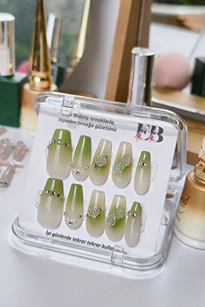 Easy Beauty Ombre Yeşil Protez Tırnak SMALL Beden 10 Adet El Yapımı Takma Tır...