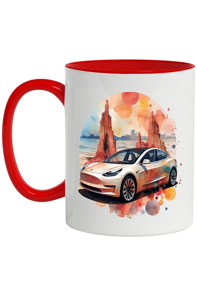 StoryGift Romania Mug With Car, Tesla, Beach, Rocks, City, Sky, Multicolor 330 ml, Ceramic with , With ,STG