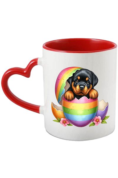 StoryGift Romania Mug with a Rottweiler puppy | illustration | shy | curious | flowers | pink | comes out, With ,STG.