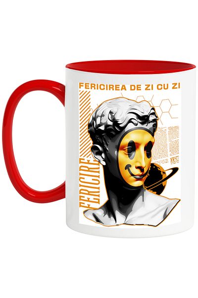 StoryGift Romania Everyday Happiness Mug - Mask on Face, 330ml, Ceramic with Red Handle, With Handle, STG