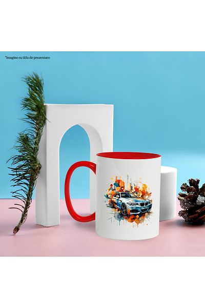 StoryGift Romania Mug With Car, Brand, BMW, Geometric, Abstract, Multicolor 330 ml, Ceramic with , With ,STG