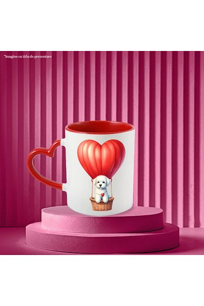 StoryGift Romania Mug with a puppy flying in a hot air balloon, illustration, travel, hearts, With ,STG .