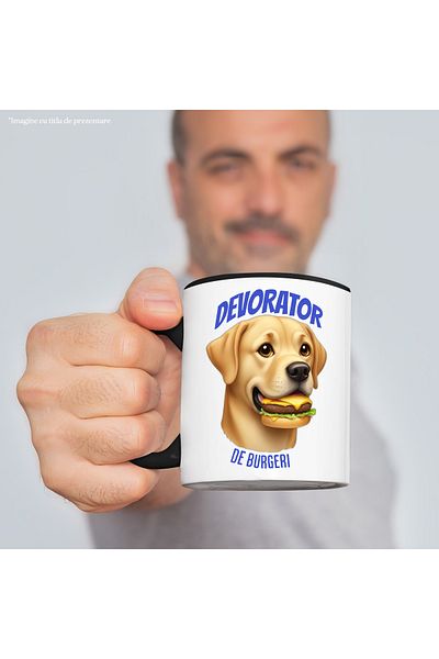StoryGift Romania Dog Eating a Burger Mug, Burger Devouring Text, 330ml, Ceramic with N Handle, With