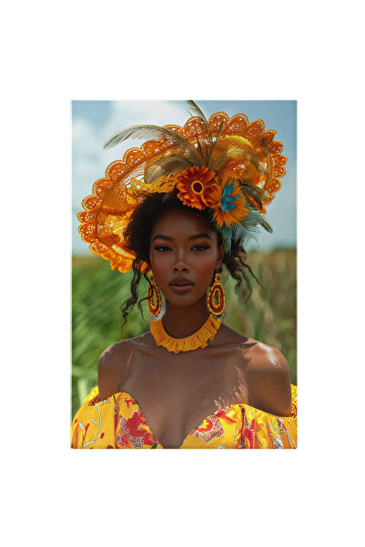 StoryGift Romania Tablou Canvas Doamna Mulatra Cu Piele Stralucitoare Si Palarie De Soare Cu Flori Si Cercei In