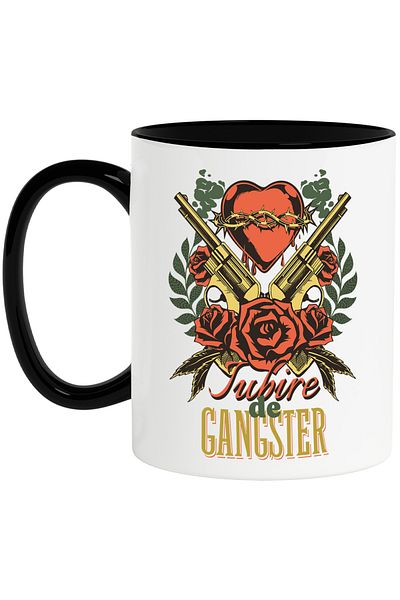 StoryGift Romania Mug Gangster Love Guns Heart Roses, 330ml, Ceramic with Black Handle, With ,STG