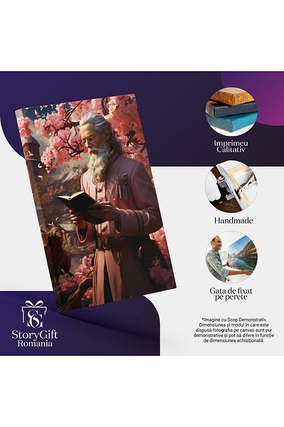StoryGift Romania Tablou Canvas: Portret Barbat In Costum Roz Cu Par Lung Si Barba Alba Ochelari Citind Sub Copac