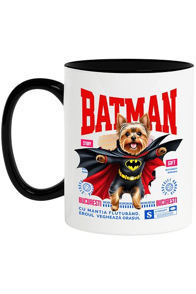 StoryGift Romania Mug with Yorkshire Terrier Dog in Batman Costume with Cape, Night Hero, D, With, STG