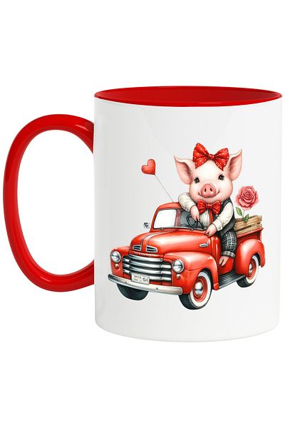 StoryGift Romania Mug with a pig in a car, illustration, rose, bow, suit, bow tie, hearts, With, STG