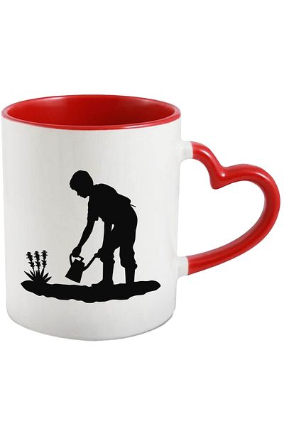 StoryGift Romania Mug with a hardworking child - doing chores in the garden watering the plants with Heart Handle R, Cu, STG.
