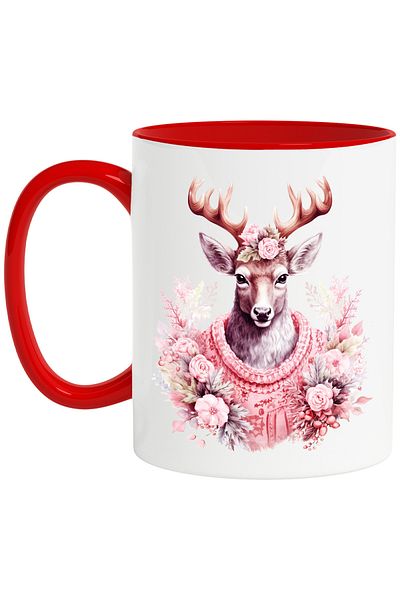 StoryGift Romania Mug with a deer dressed in thick clothing | illustration | flowers | cold | coming of winter | vre, Cu,STG