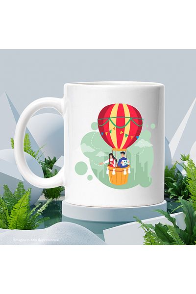 StoryGift Romania Cana Cu Balon Cu Aer Cald, Cuplu, Harta, Binoclu, Oras, Zbor, Multicolor 330 Ml,, Cu ,stg