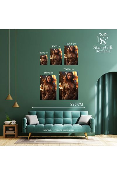 StoryGift Romania Tablou Canvas: Femeie Imbracata In Rochie Bej Cu Model Langa Turnul Eiffel Cu Par Saten Pictur