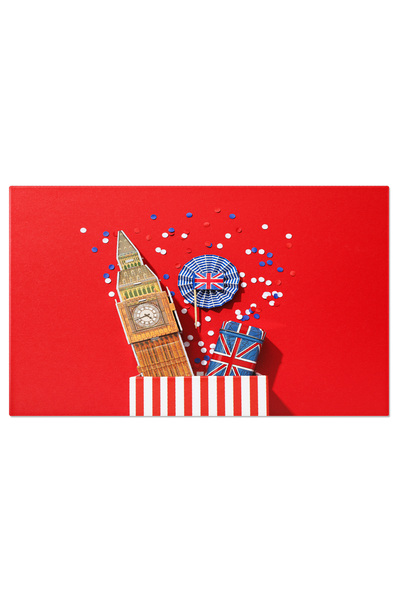 StoryGift Romania Tablou Canvas Big Ben Si Drapelul Britanic Pe Fundal Rosu I...