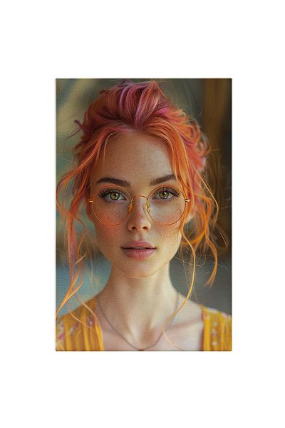 StoryGift Romania Tablou Canvas: O Melodie Vizuală În Tonuri De Roz Și Galben Tânăra Cu Ochelari Rotunzi Pictura