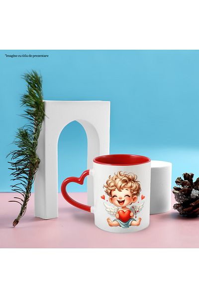 StoryGift Romania Mug with a baby Cupid holding a heart in his arms | appreciation | gift | bow, With,STG.