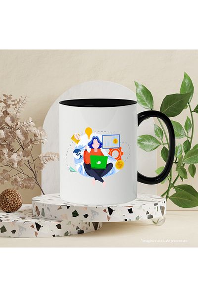 StoryGift Romania Mug With Laptop, Mail, Coin, Financial, Airplane, Multicolor 330 ml, Ceramic with M, With