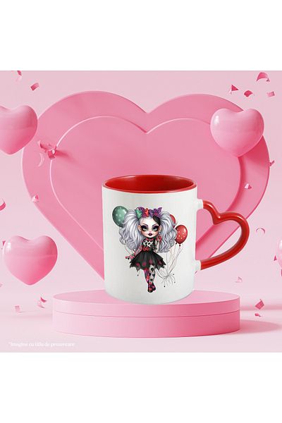 StoryGift Romania Mug with a costumed girl | illustration | Harley Quinn | white hair | balloons | birthday, With ,STG.