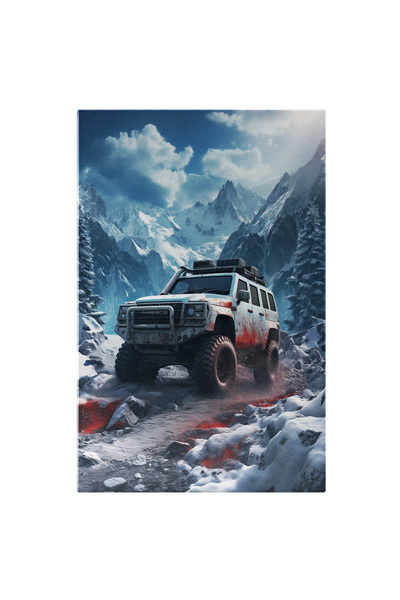 StoryGift Romania Tablou Canvas: Razboiul Din Munti Masina Alba Cu Urme Stranii Prin Drumul Din Muntii Plini De