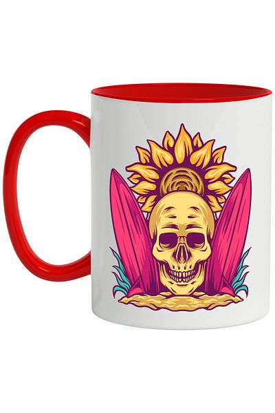 StoryGift Romania Mug With Skull, Beach, Sun, Surfboards, Sand, Plants, Multicolor 330 ml, C, With ,STG
