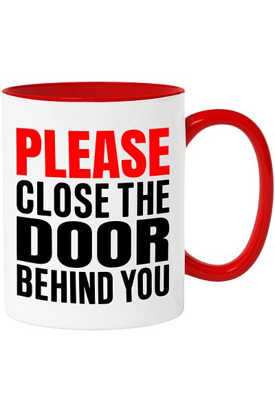 StoryGift Romania Mug with the message "Close the door behind you!" with Red Handle, With Red Handle STG, STG, STG.