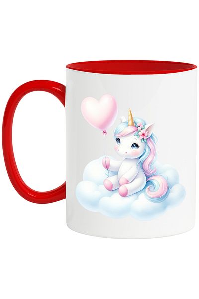 StoryGift Romania Mug with a unicorn sitting on a cloud, illustration, heart-shaped balloon, , With ,STG