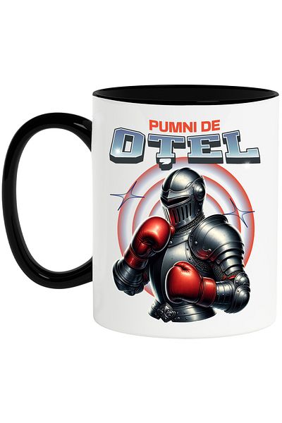 StoryGift Romania Man of Steel Mug with Boxing Gloves Text STEEL FIST, 330ml, Ceramic with Black Handle, With ,STG
