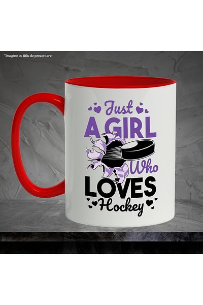StoryGift Romania Mug With Message Just A Girl Who Loves Hockey, Puck, Sports, Hearts, Multicolor 330 ml, With ,STG