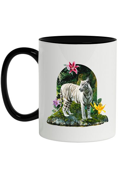 StoryGift Romania Mug With White Tiger, Flora, Rocks, Moss, Forest, Nature, Multicolor 330 ml, Sky, With ,STG