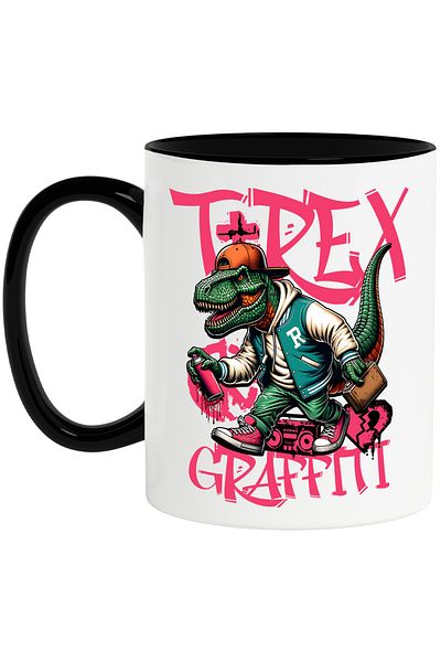 StoryGift Romania T-Rex Urban Hip-Hop Star Y2K Graffiti Mug, 330ml, Ceramic with Black Handle, With Handle, STG
