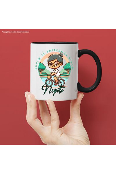 StoryGift Romania Mug Old Woman On Bike In Park Text Grandma Trains For Grandchildren, With