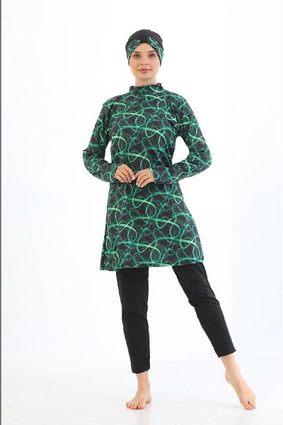 tusem butik homewear Women's Black Green Patterned Full Covered Quick Drying Long Sleeve Tights Bonneted Swimsuit