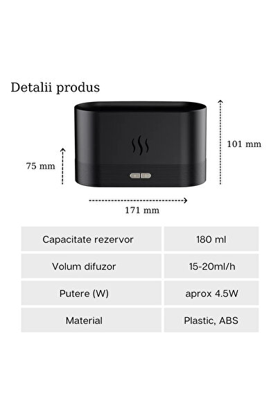 MACVI Macvi® Aromatherapy Diffuser and Humidifier with Flame Effect, Ultrasonic, 180 ml, Black