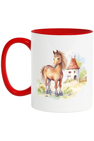 StoryGift Romania Mug with a cheerful horse | illustration | joy | barn | fence | grass | nature | v, With ,STG