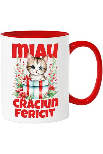 StoryGift Romania Cat Mug in Gift Box Text Meow Merry Christmas Colorful Flowers, Ceram, With ,STG