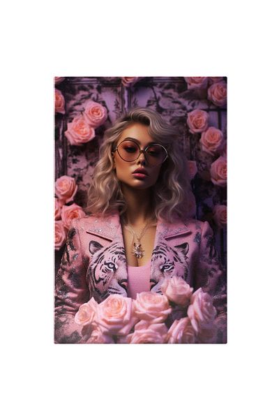StoryGift Romania Tablou Canvas: Femeie Asiatica Draguta La Costum Roz - Sacou Cu Tigru Trandafiri Pictura Digit