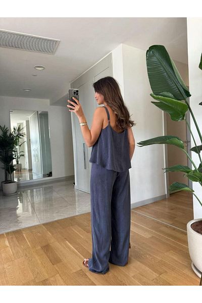 My Blog Indigo Satin Look Strappy Blouse Trousers Set - 51043