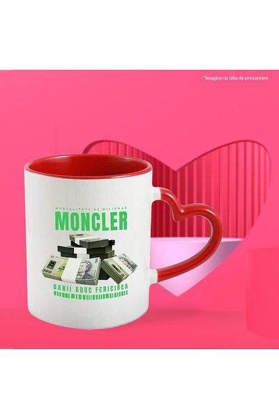 StoryGift Romania _Moncler_ Mug - Money Brings Happiness, 330ml, Ceramic with Red Heart Handle, With Handle, STG